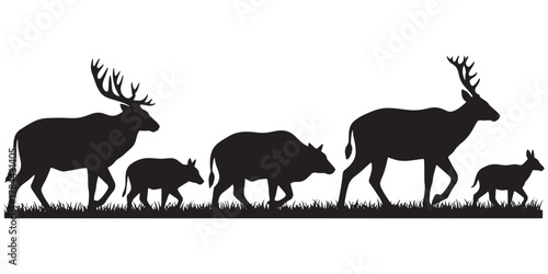 Silhouette of a deer family isolated on white