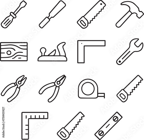 Vector monochrome line icon set about carpentry tools
