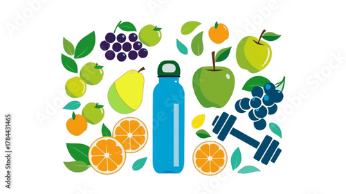 A flat lay illustration showcasing items associated with health, fitness, and nutrition. The layout features a central blue water bottle and a pair of teal dumbbells, surrounded by a colorful array