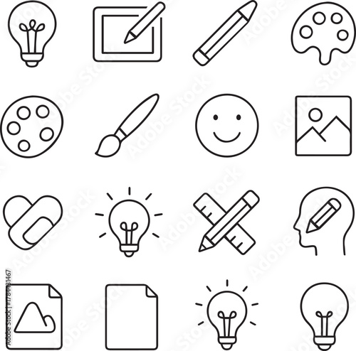 Vector monochrome line icon set about creativity 