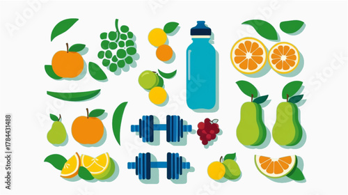 A flat lay illustration showcasing items associated with health, fitness, and nutrition. The layout features a central blue water bottle and a pair of teal dumbbells, surrounded by a colorful array 