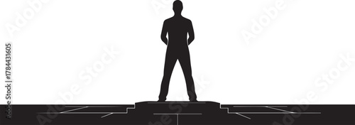Black silhouette of a confident man standing on a stage or pedestal isolated on white background.