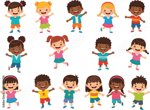 Happy diverse children cartoon characters celebrating together, kids with open arms, joyful childhood, friendship, unity, educational vector illustration design