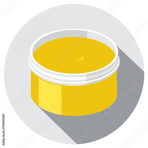 Illustration of a yellow ointment in a white container on grey circle with shadow, balm or cream product