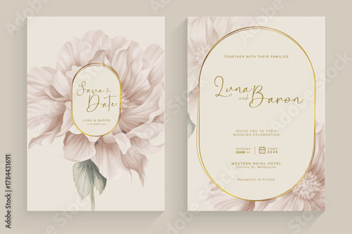 Simple Wedding Invitation Tempate with Aesthetic Flower Watercolor Arrangement