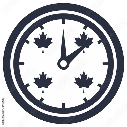 Clock face with maple leaf symbols, Canada time concept