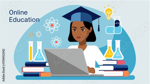 A flat vector illustration representing online education and e-learning. A female student wearing a graduation cap is sitting in front of a laptop, surrounded by stacks of books, chemistry flasks, 