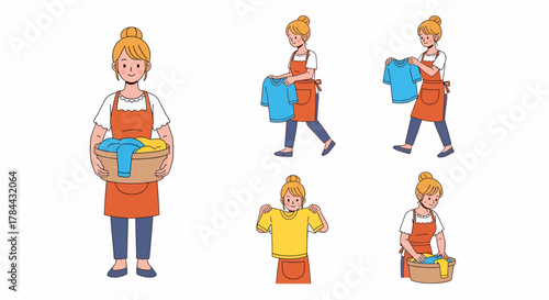 Set of illustrations depicting a woman in an apron doing various laundry chores, including carrying, sorting, and folding clothes.
