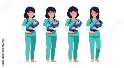 Four female nurses in teal scrubs, each holding a newborn baby, smiling with stethoscopes around their necks.