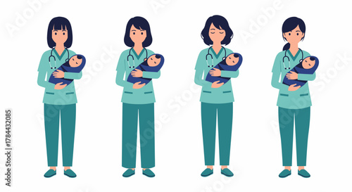 A set of four illustrations showing a female nurse in green scrubs holding a newborn baby, with different expressions.