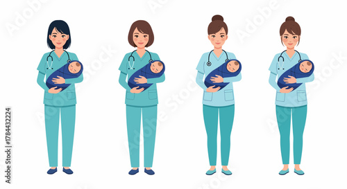 Four nurses in scrubs holding newborn babies in their arms.