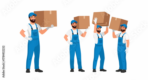 Four male movers in blue uniforms carrying cardboard boxes.