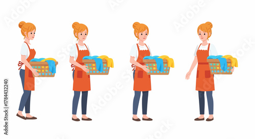 Four illustrations of a woman in an apron holding a laundry basket filled with clothes.