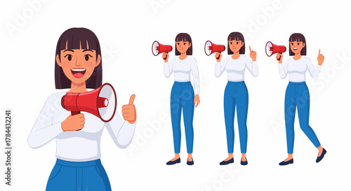A woman holding a megaphone and giving a thumbs up, with other poses of her holding a megaphone and gesturing.