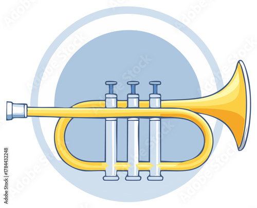 Simple cartoon illustration of a golden brass trumpet musical instrument