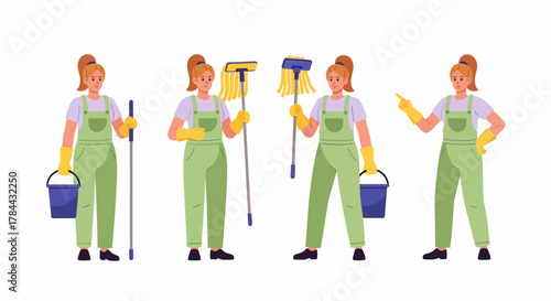 Cartoon woman in overalls cleaning with mop and bucket in various poses.
