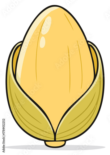 Cartoon illustration of a single golden ear of corn with green husks partially opened