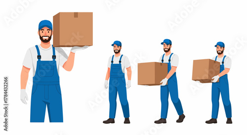 Four cartoon men in blue overalls and caps carrying cardboard boxes, representing movers or delivery personnel.