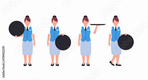 Set of four flat vector illustrations of a waitress in uniform holding a round serving tray in different poses.