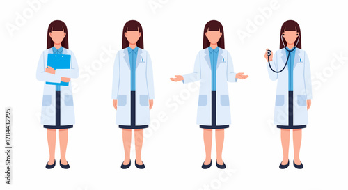 Four female doctors in white lab coats standing in different poses, one holding a clipboard and another with a stethoscope.