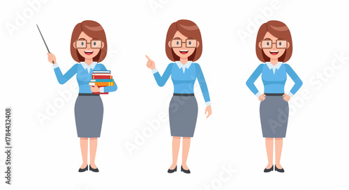Three illustrations of a smiling woman wearing glasses, a blue shirt, and a gray skirt in different poses.