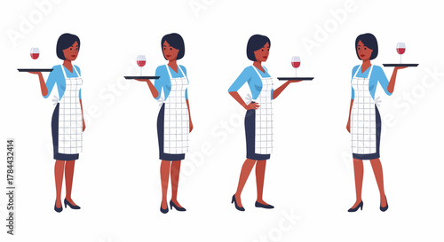 Four illustrations of a Black woman in a server uniform holding a tray with a glass of wine.