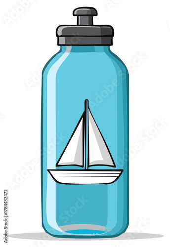 A blue reusable water bottle with a sailboat design cartoon vector illustration