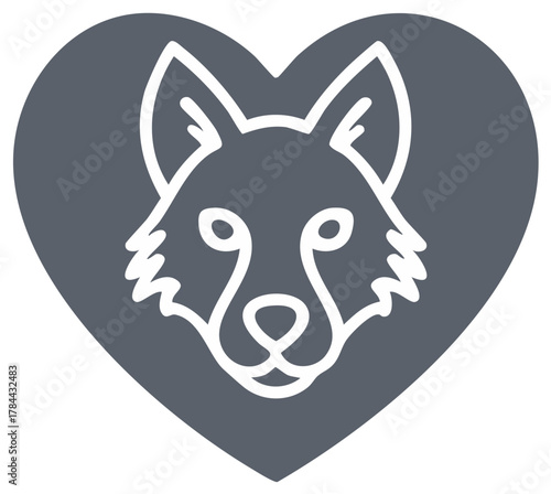 Stylized wolf face icon inside a grey heart shape