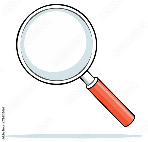 Cartoon magnifying glass with red handle used for searching and examining details
