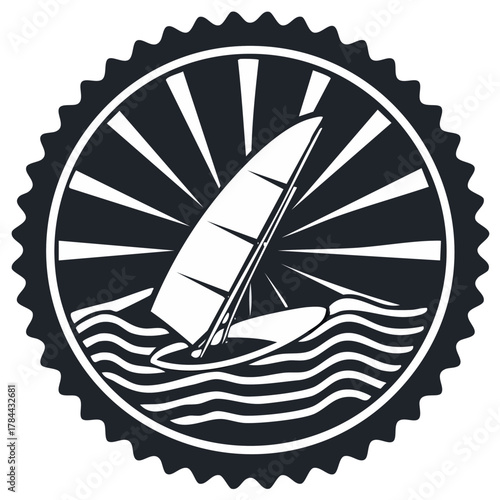 Windsurfing Adventure Icon Black and White Illustration in a Circular Seal with Sun Rays Design