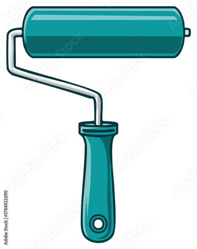 Teal paint roller with metal frame and handle for home improvement and decoration projects