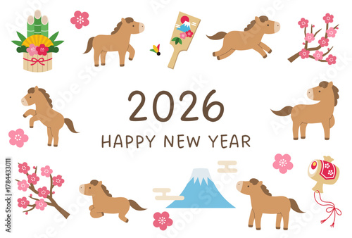 2026年午年の年賀状テンプレート。馬、かわいい、縁起物、ベクター、梅の花