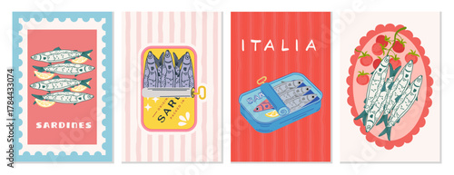 A set of minimalist sardine posters. More pasta, please. Italian cuisine in retro style. Posters for the kitchen, cafe, background, or wall art. Vector illustration
