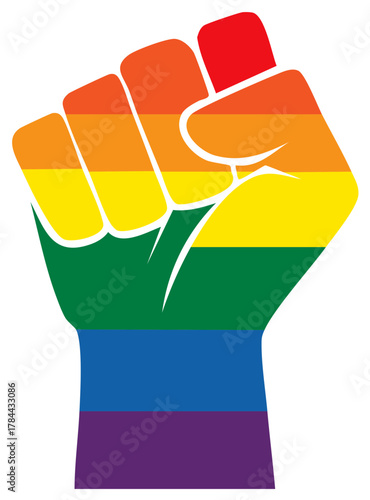 Gay pride power symbol of a clenched fist with rainbow flag stripes representing LGBTQ rights and solidarity