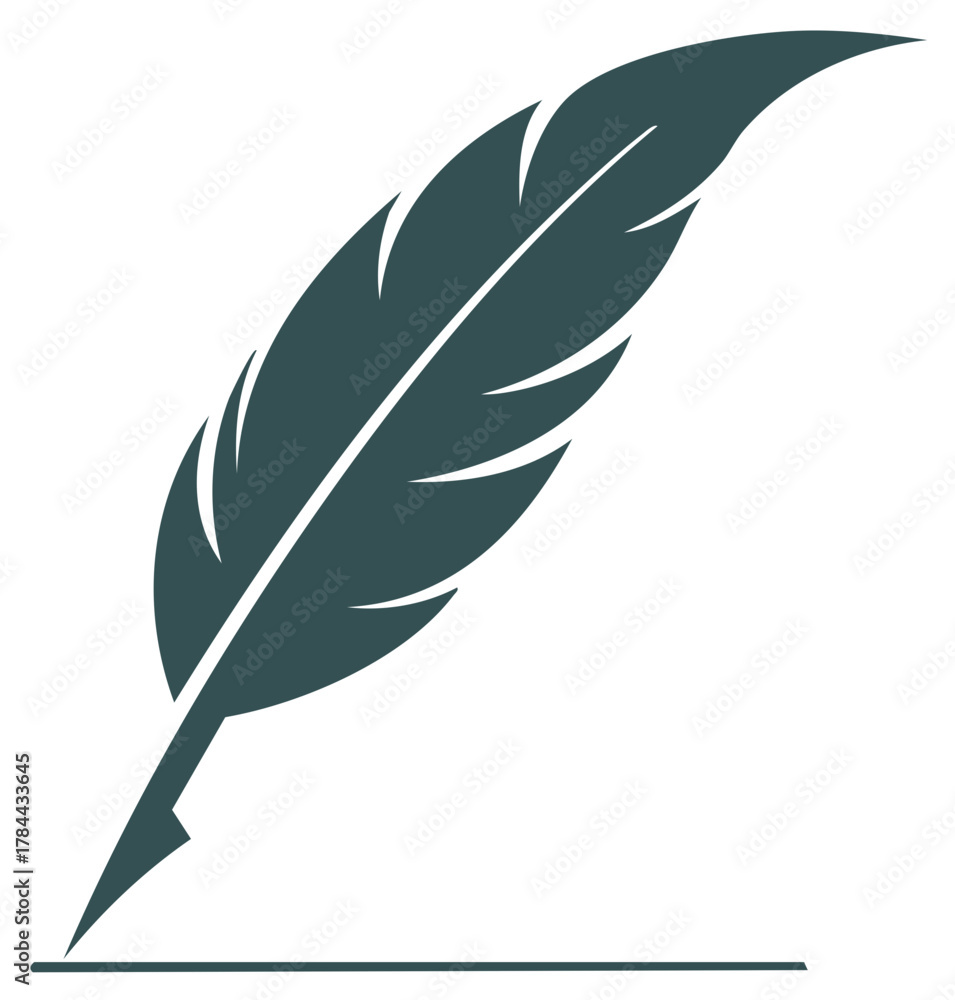 Obraz premium Quill pen writing a line in green on white background with ink and feather detail