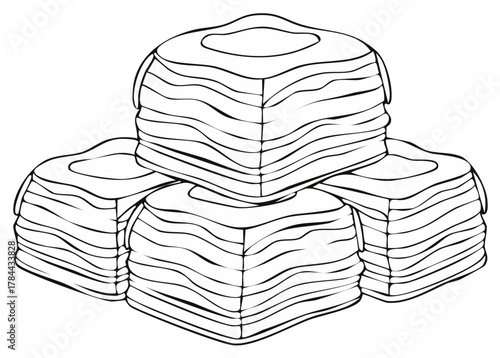 Stylized line art illustration of layered square sweets stacked together