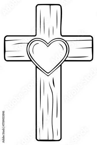 Stylized wood crucifix with heart element line art religious symbol faith hope love design