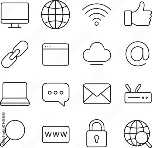 Vector monochrome line icon set about internet