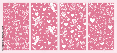 Collection of pink Valentine's Day patterns with hearts, cupid, and flowers