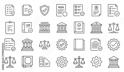 Collection of hand drawn outline icons representing law justice legal documents and courtroom symbols