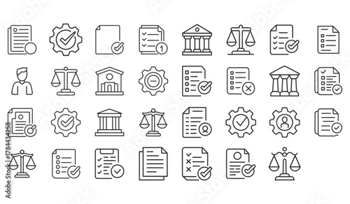 Collection of legal and business icons representing justice law documents and regulations