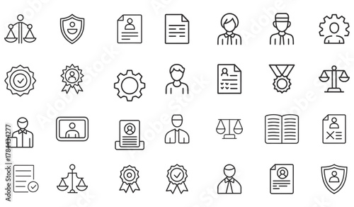 Collection of hand drawn icons representing law justice business and professional services