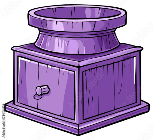 Antique purple wooden coffee grinder with a drawer in a hand drawn cartoon style