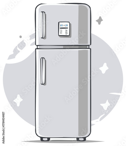 Modern Two-Door Refrigerator in Gray Tones, Shiny Clean Appliance with Interior Temperature Display in Kitchen Setting
