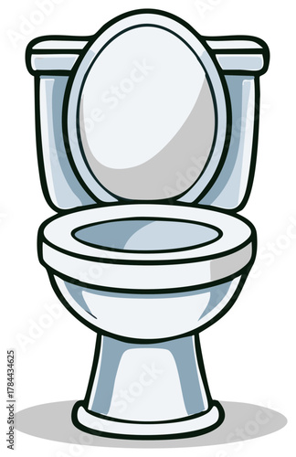 Cartoon toilet bowl fixture with the lid open, featuring cartoon illustration for bathroom or restroom facilities