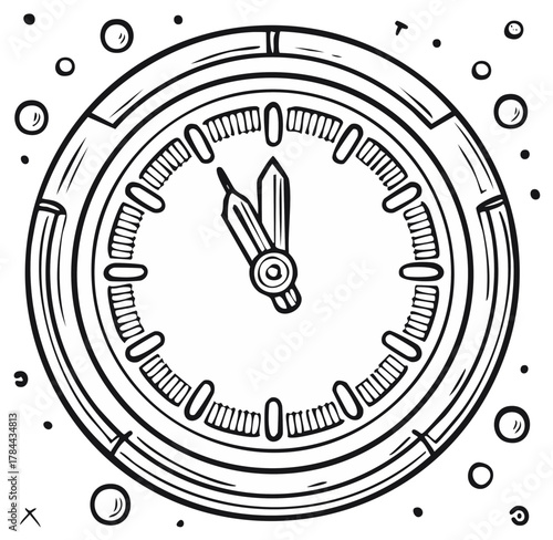 Black and white doodle style clock with hands indicating countdown to midnight or new year celebration