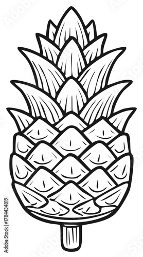 Stylized black and white drawing of a pineapple with distinctive leaves and textured skin