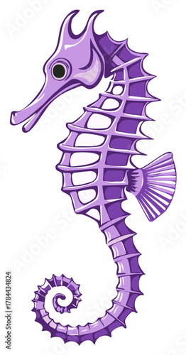Vibrant purple seahorse illustration with stylized body texture and gracefully curled tail design