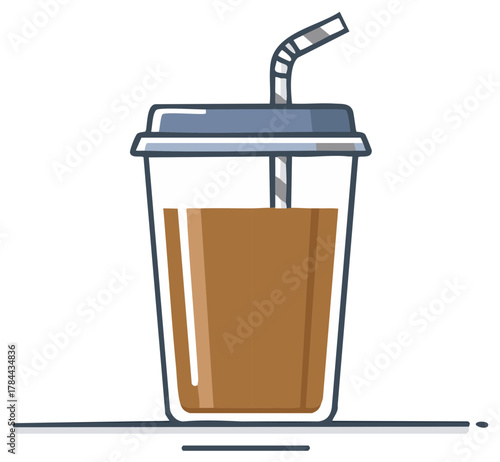 Illustration of a cold drink in a clear plastic to go cup with a lid and striped straw