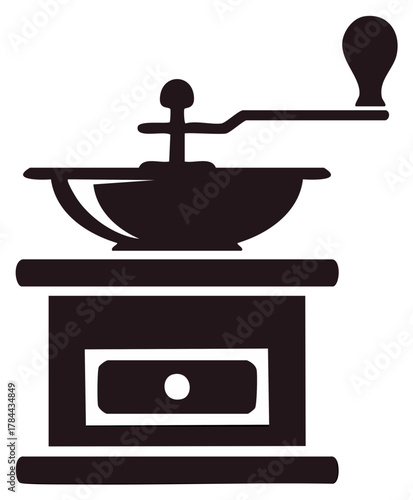 Monochrome icon of manual burr coffee mill with handle for freshly ground espresso, brewing tool and kitchen accessory graphic